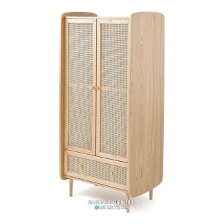 Cabinet Baju Rotan Estetik Boho Webbing HPL Motif Kayu Natural