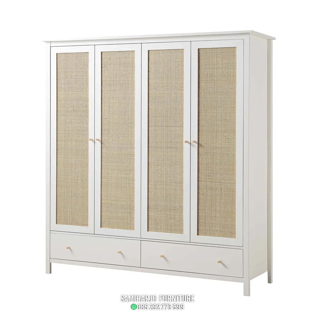 Lemari Pakaian Panel Rotan Linear Frame Lebar Kayu Solid Storage Maksimal - Image 2