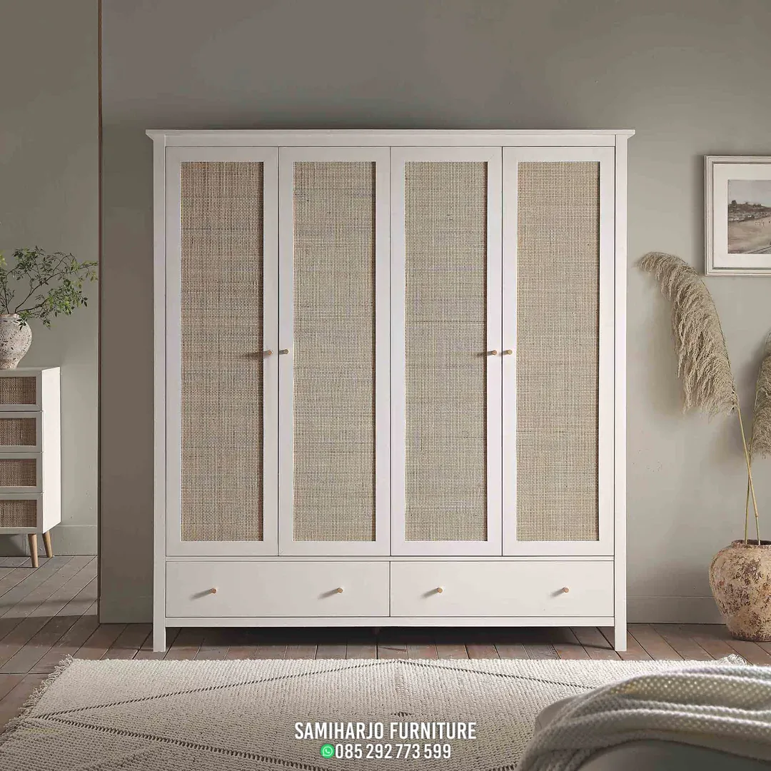 Lemari Pakaian Panel Rotan Linear Frame Lebar Kayu Solid Storage Maksimal - Image 3
