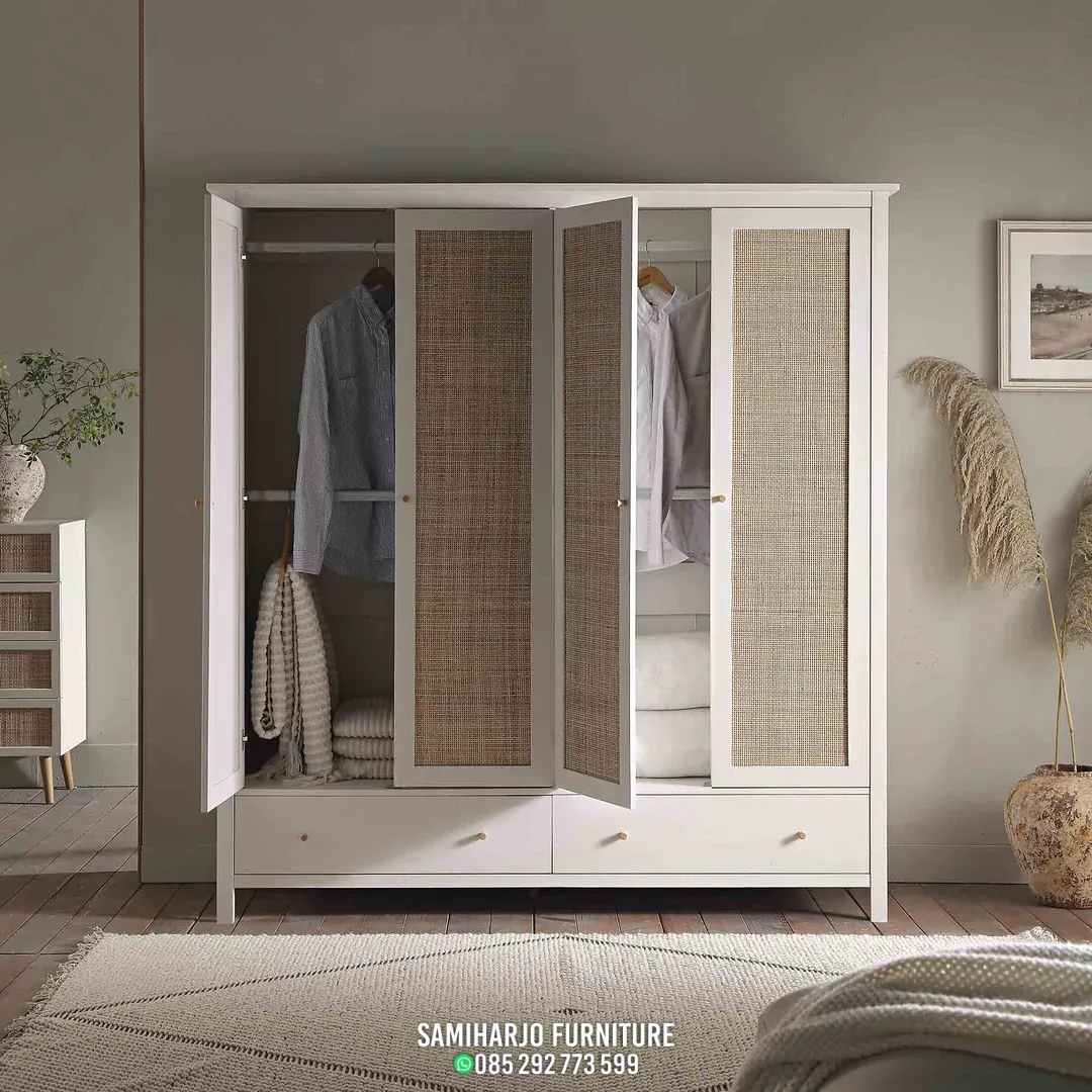 Lemari Pakaian Panel Rotan Linear Frame Lebar Kayu Solid Storage Maksimal - Image 4