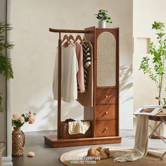 Wardrobe 1 Pintu Hanger terbuka Kayu Rotan Japandi Tropis