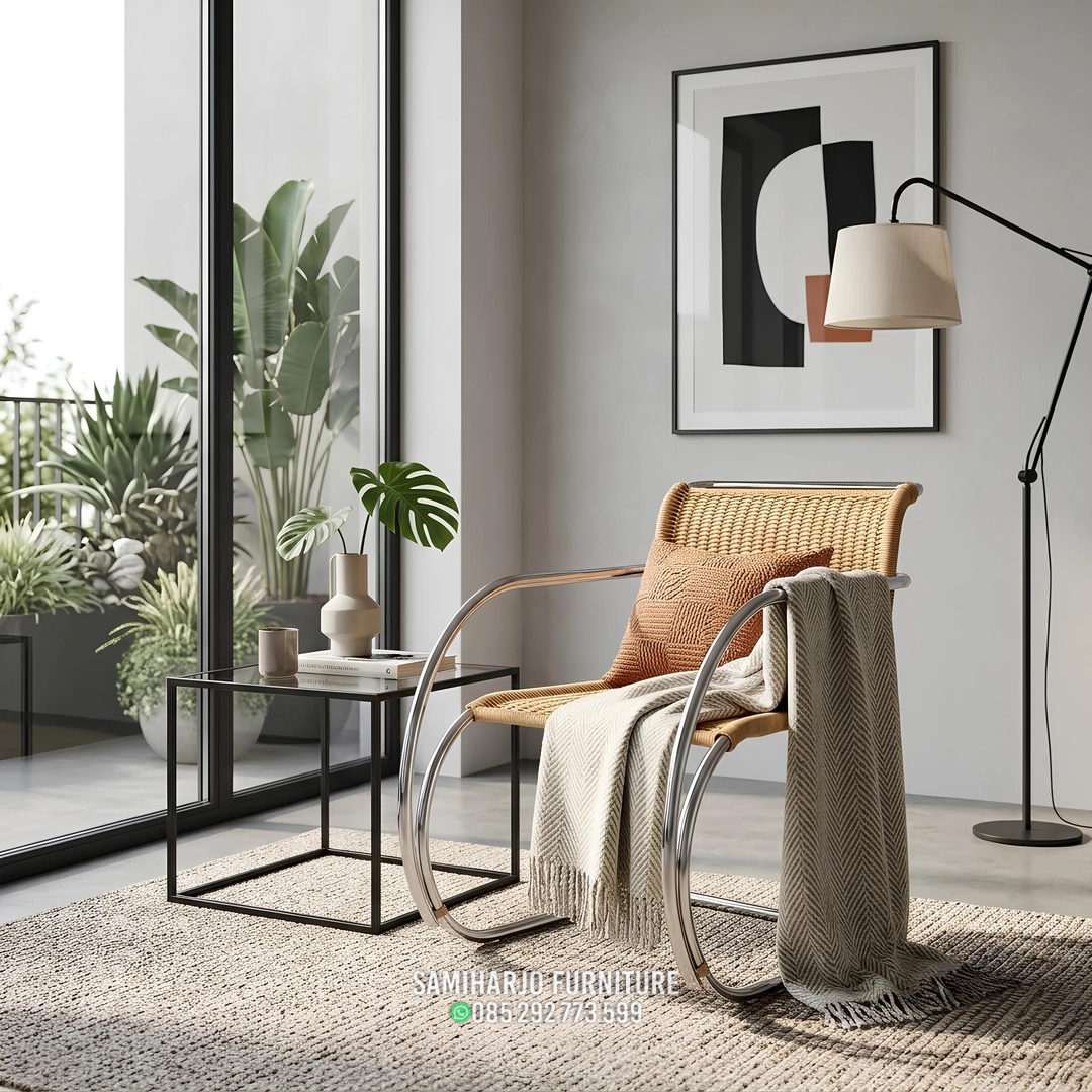 Kursi Anyaman Rotan Rangka Lengkung Stainless Melayang - Image 4