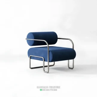 Kursi Armchair Velvet Biru Silinder Rangka Stainless Elegan 1 title