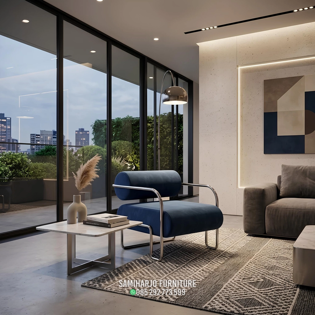Kursi Armchair Velvet Biru Silinder Rangka Stainless Elegan - Image 2