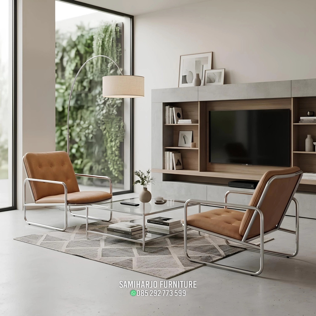 Kursi Lounger Kulit Coklat Kaki Lengkung Stainless Elegan - Image 2