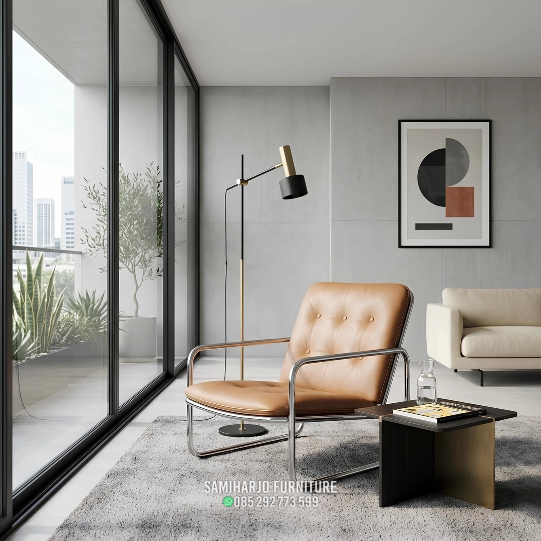 Kursi Lounger Kulit Coklat Kaki Lengkung Stainless Elegan - Image 3