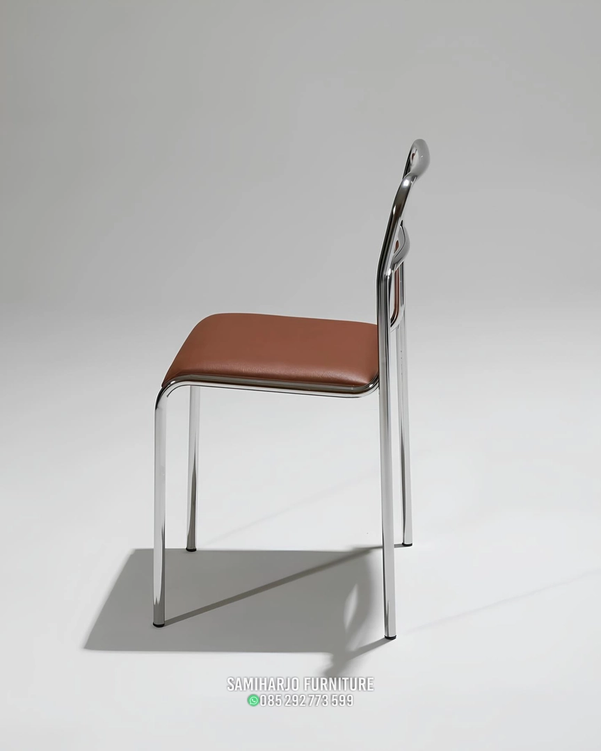 Kursi Makan Minimalis Rangka Stainless Sandaran Lengkung Ganda Kulit - Image 3