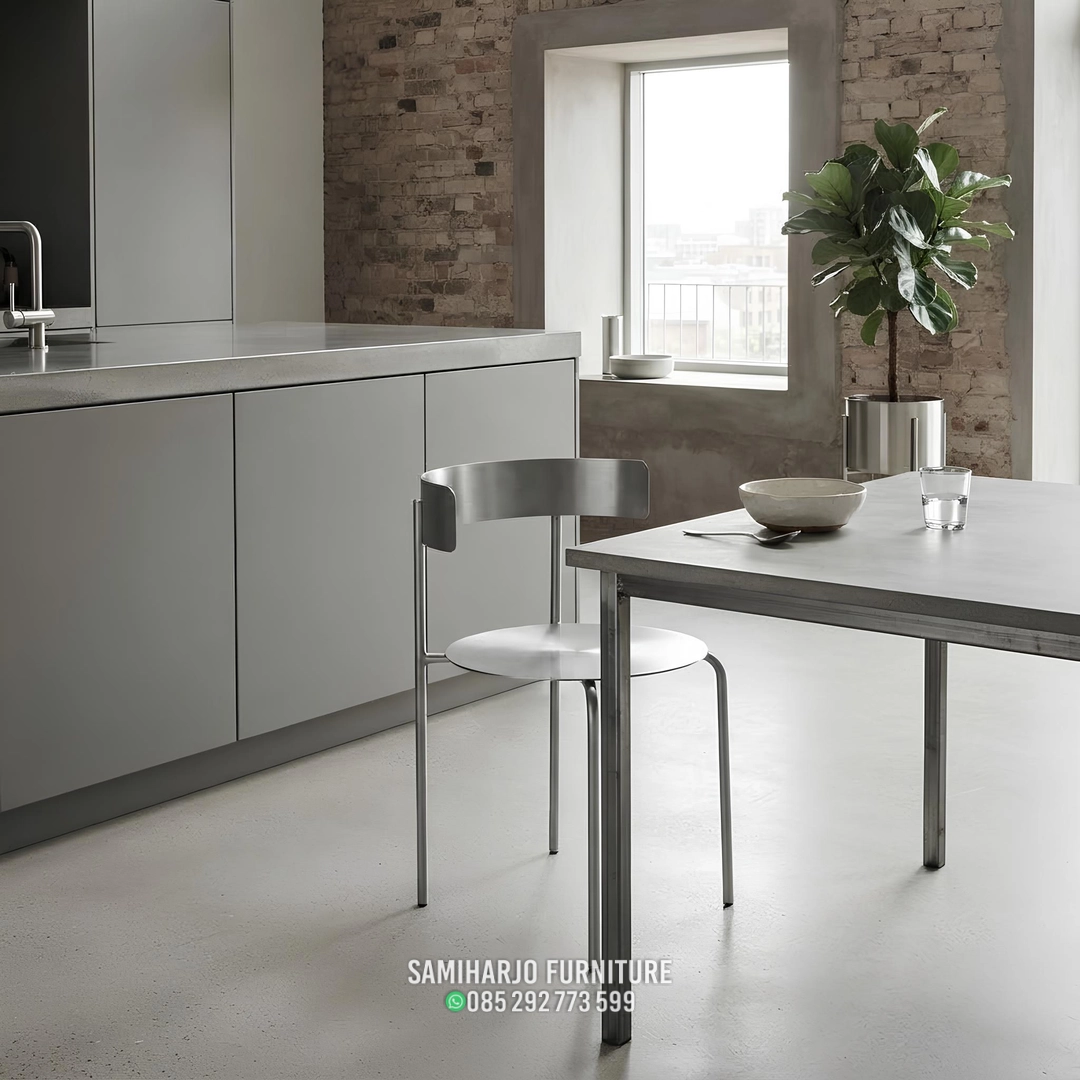 Kursi Makan Minimalis Stainless Penuh Plat Lengkung Cafe Modern - Image 3